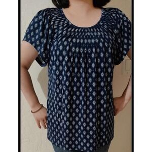 Womens NWT Style & Co. Geometrical Pattern Pleated Neck Short Sleeve Top Shirt